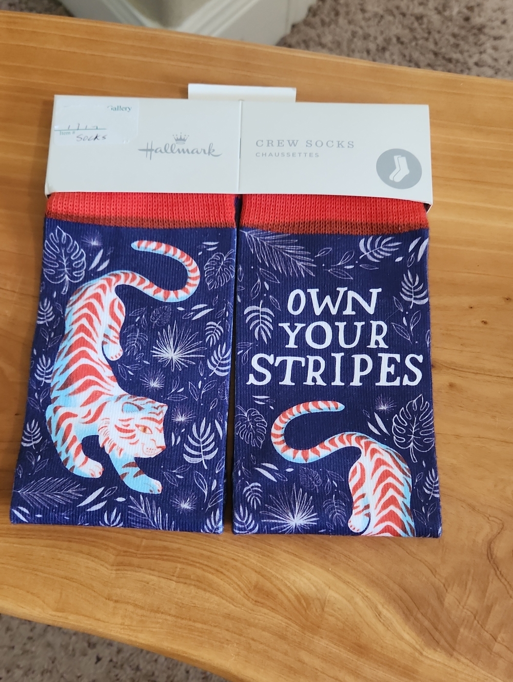 Hallmark Navy Crew Socks with Red Cuff and Orange Tiger Print